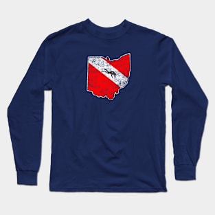 Ohio Dive Flag Scuba Diving State Map Dive Flag Distressed Long Sleeve T-Shirt